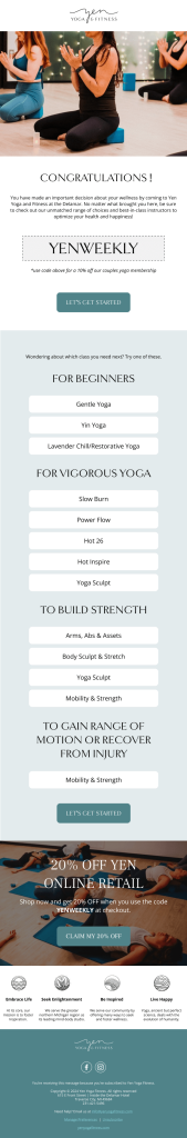 Email design example for Yen Yoga and Fitness.