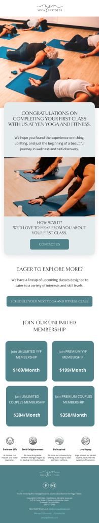 Email design example for Yen Yoga and Fitness.